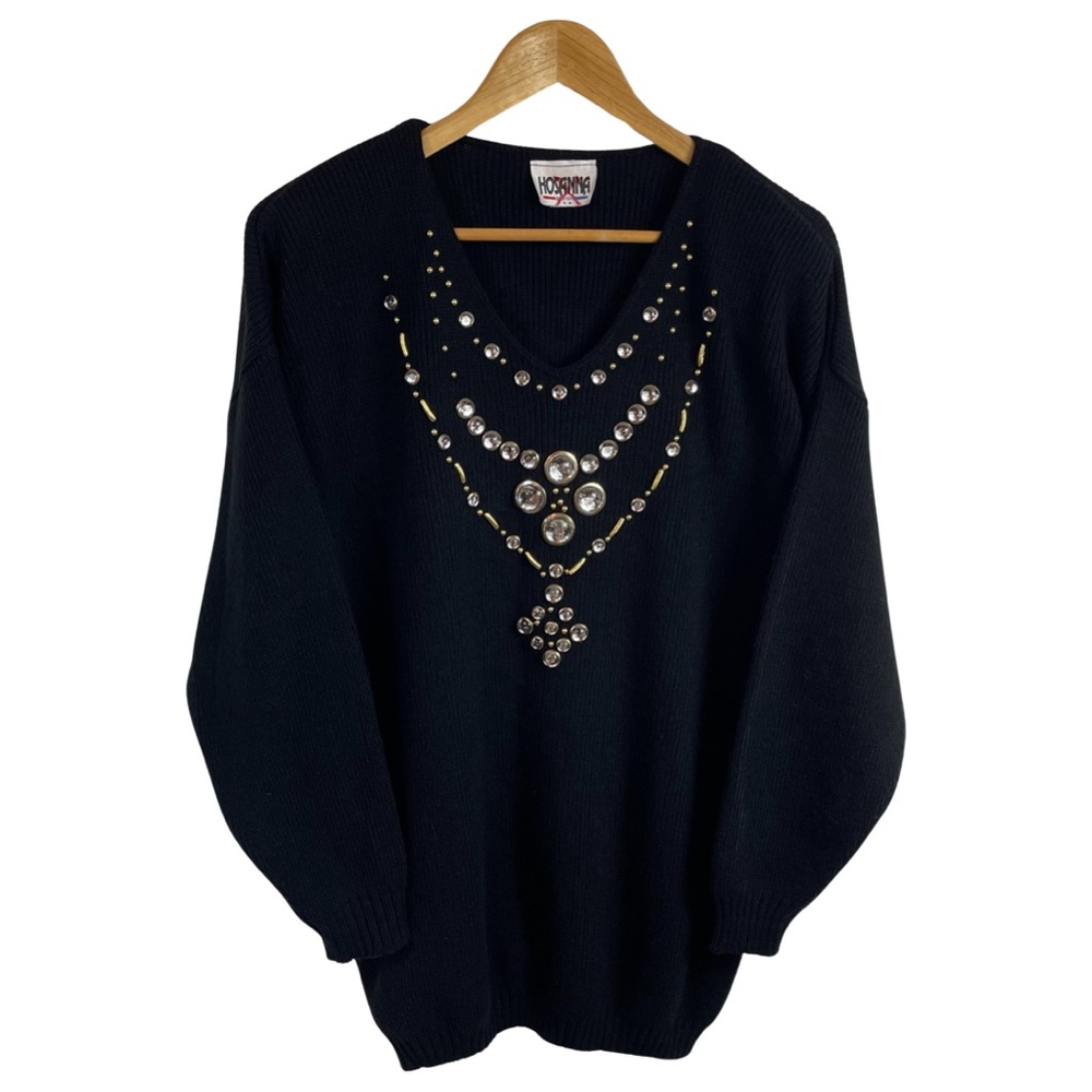 Vintage Hosanna Embellished V-Neck Sweater OS (See Measurements) Black